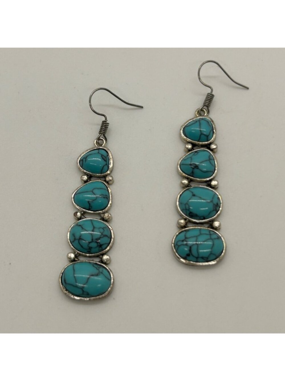 Boho Faux Turquoise Acrylic Dangle Earrings Silver Tone Western Southwest Drop J - Picture 2 of 7